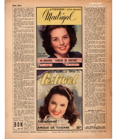 Magazine Nous Deux n° 123 paru en 1949 : La belle cantinière